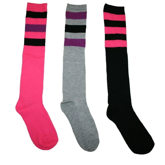Old School Tube Socks 3 Pack, Black, Gray and Pink (9-11)