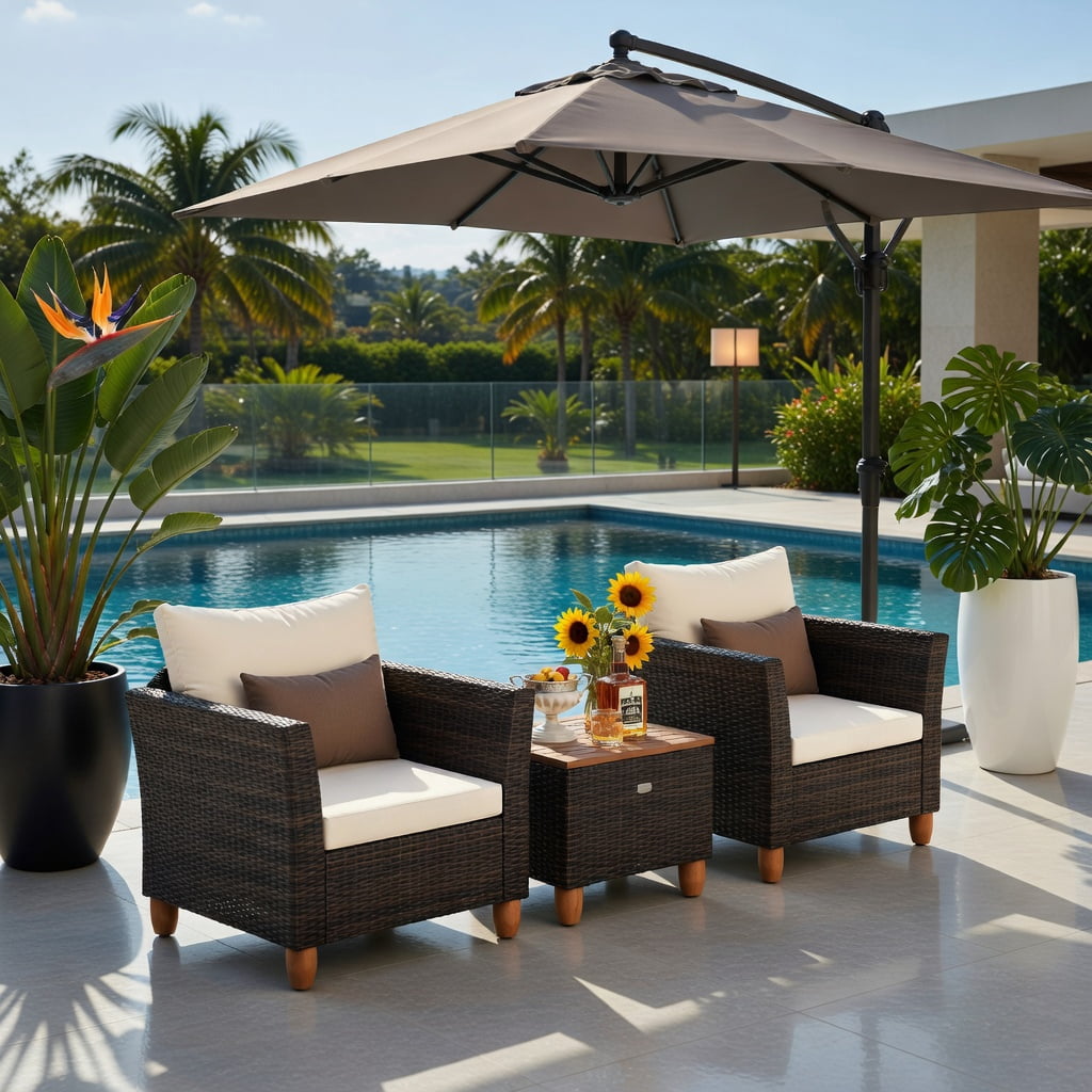 Hommoo 3-Piece Outdoor Rattan Bistro Set with Acacia Wood Table, Steel Frame, Weather-Resistant PE Wicker for Patio, Backyard & Poolside, Brown