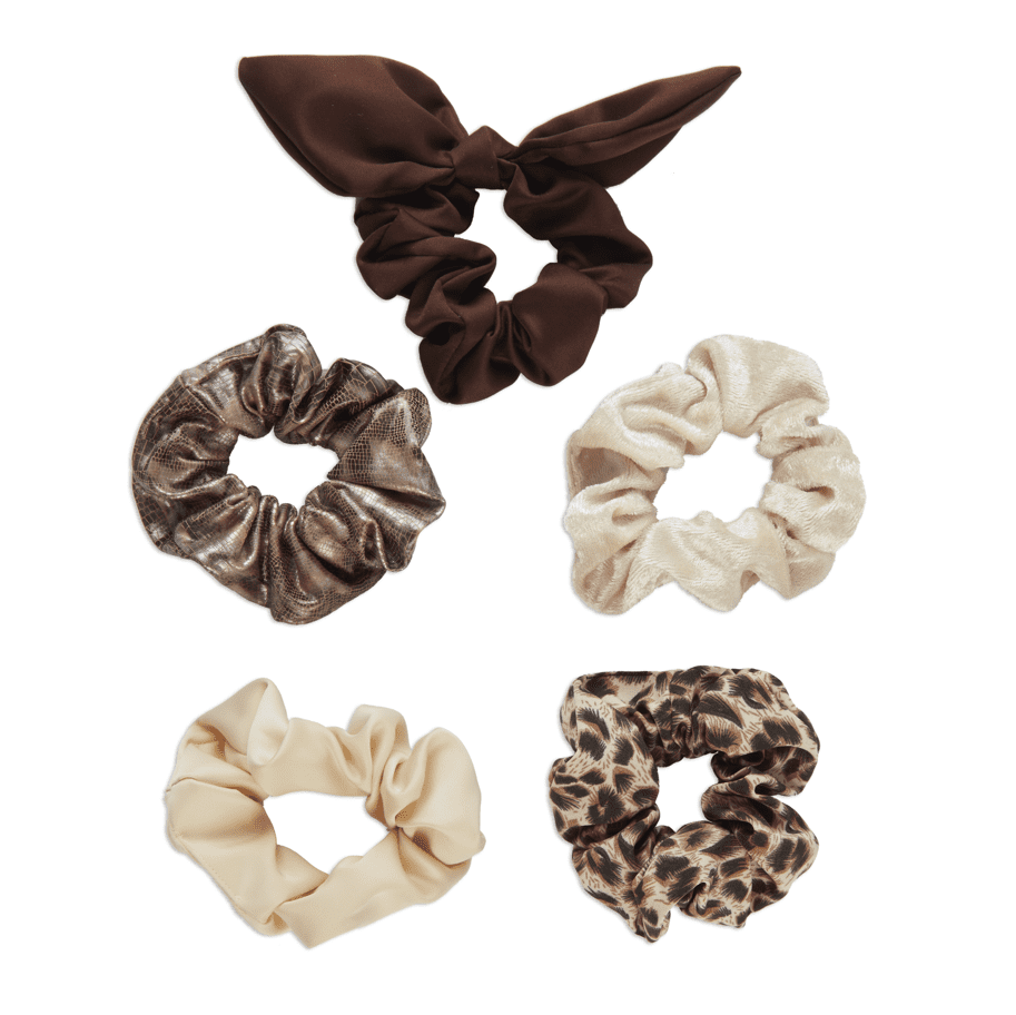 Wild Primrose by Scunci Original Scrunchies in Various Fabrics with Textured Detail for Wrist and All Hair Types in Neutral Tones and Prints, 5ct