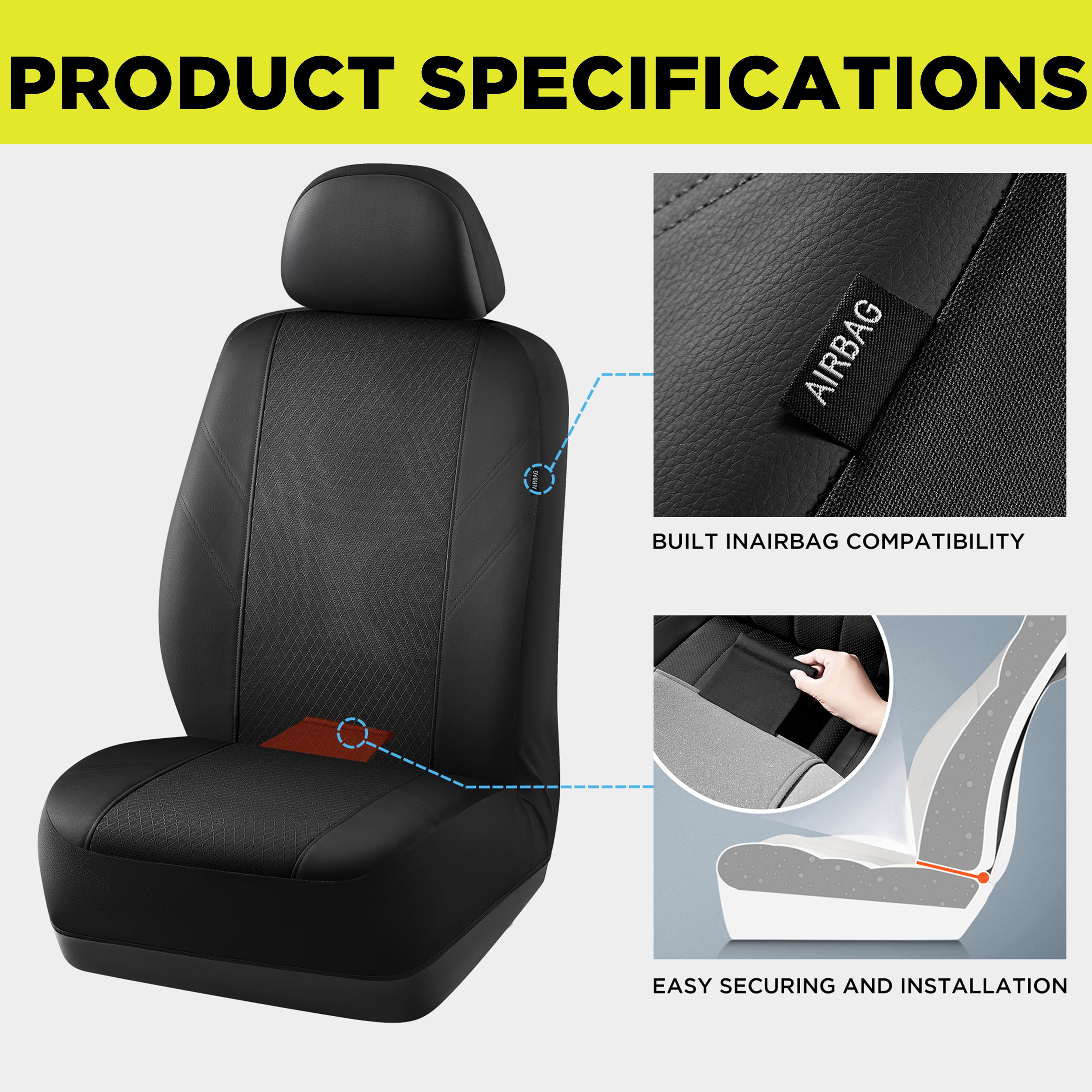 Road Comforts Car Seat Cover Leather Mesh Front Car Seat Cover, Airbag Compatible, Universal Fits Car, Truck, SUV, Vans - Black