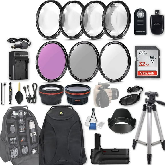 58mm 28 Pc Accessory Kit for Canon EOS T6 DSLRs with 0.43x Wide Angle Lens, 2.2X Telephoto Lens, Battery Grip, 32GB SD, Filter & Macro Kits, Backpack Case, and More