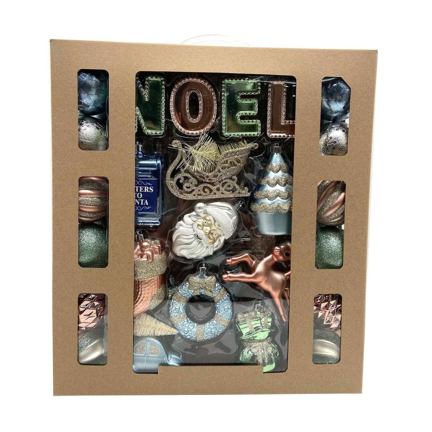 Holiday Time 50-Count Iconic Symbols of Christmas Shatterproof Christmas Ornaments, Champagne/Green/Tan/Blue, 50 pieces