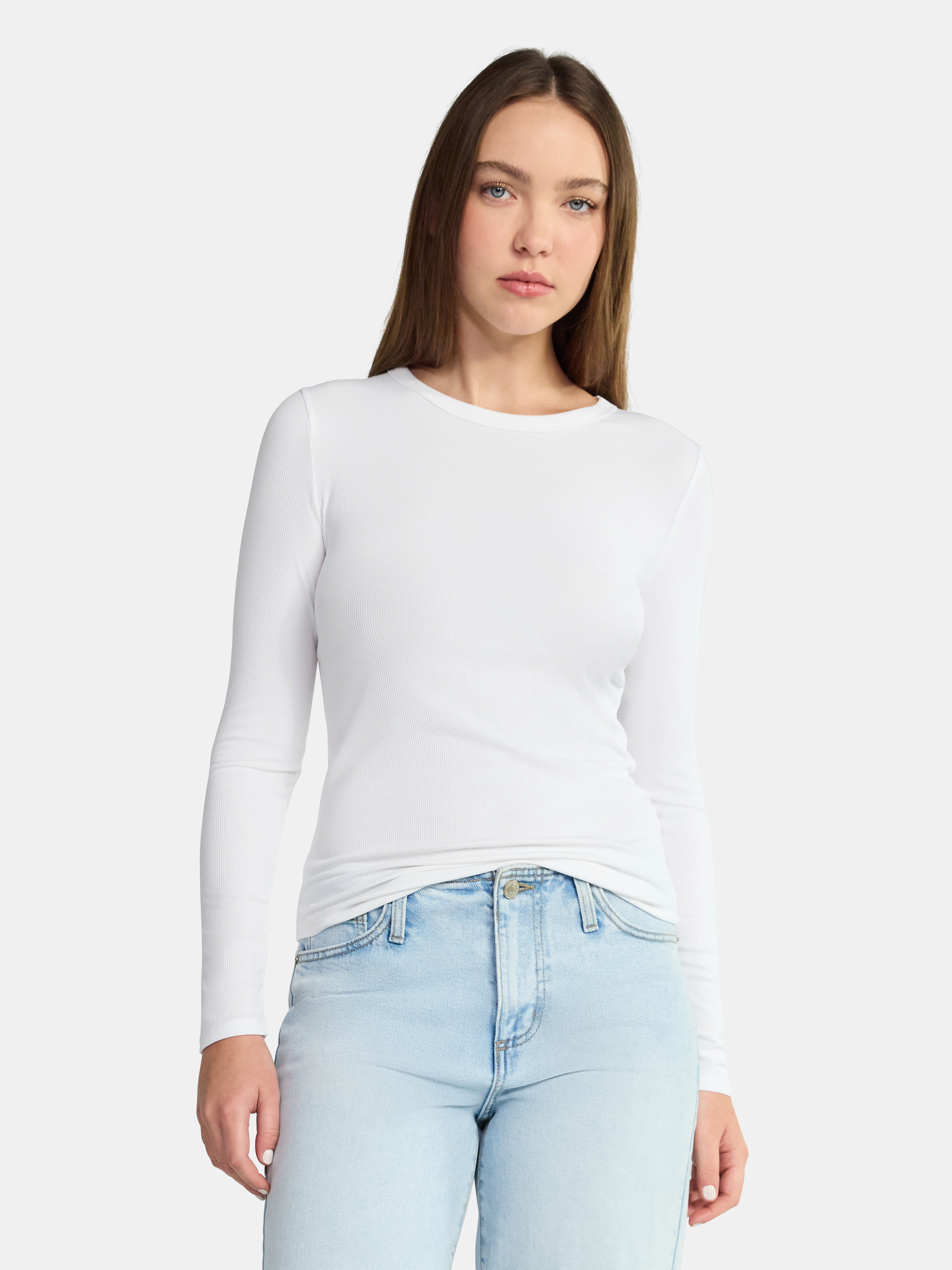 No Boundaries Ribbed Crewneck Tee with Long Sleeves, 1 or 2-Pack, Women's & Women's Plus XXS-XXL