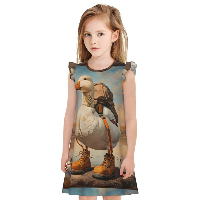 Fotbe Hiking Duck Vestido de Dormir para Niñas de 3 a 10 Años, Mangas Cortas, Estilo Princesa, Pijama Camisón con Mangas Voladas-Small