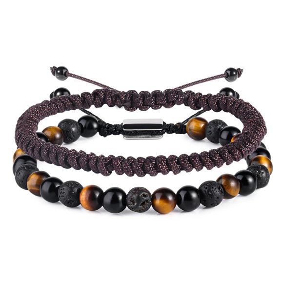 Natural Beaded Bracelets for Men Boys - 6mm Tiger Eye Obsidian Lava Beads Mens Bracelet Set for Couples - Christmas Gifts Birthday Gifts Mens Jewelry for Boyfriend Husband Him