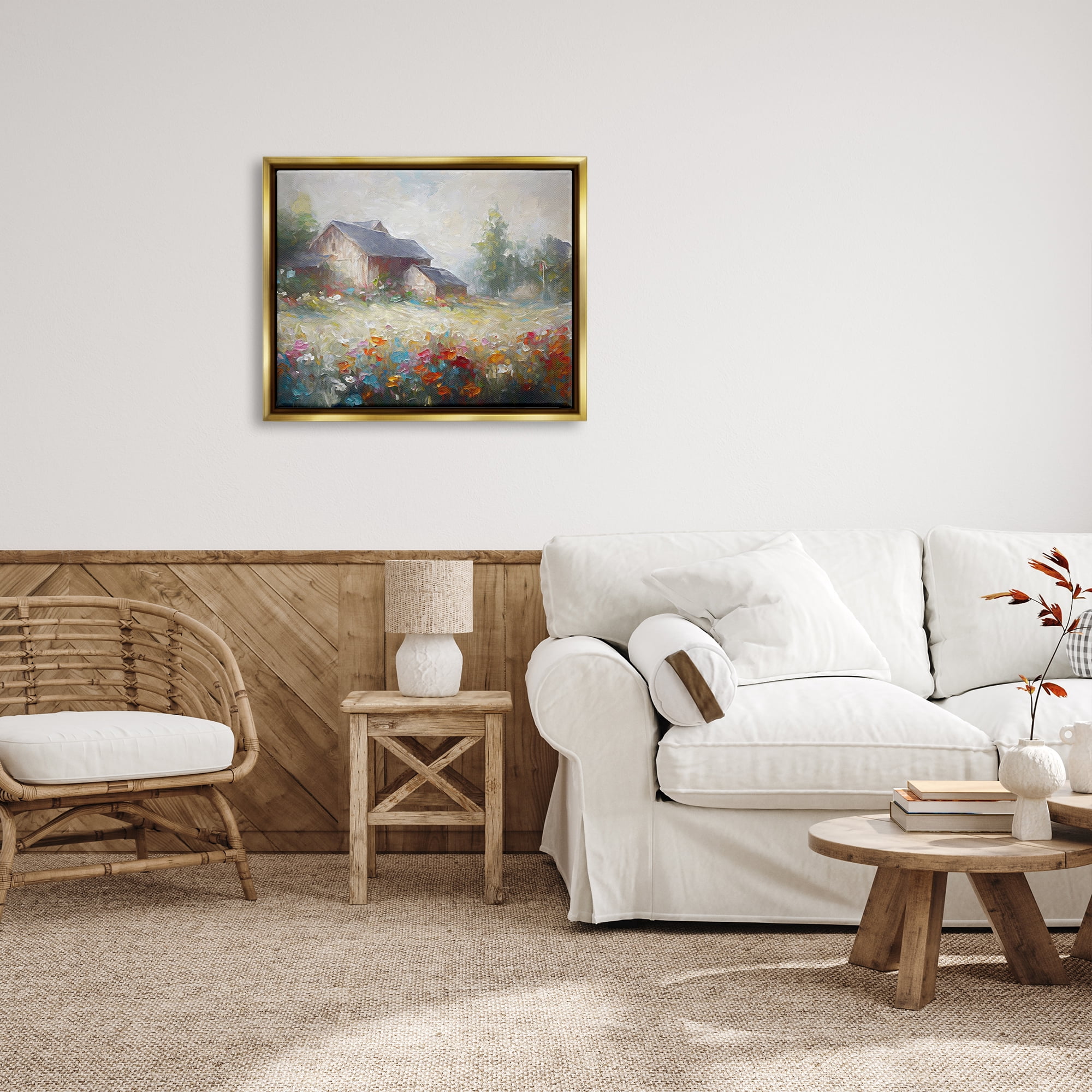 Stupell Industries Abstract Floral Countryside Landscape Painting Gold Floater Framed Canvas Art Print Wall Art, 31 x 25