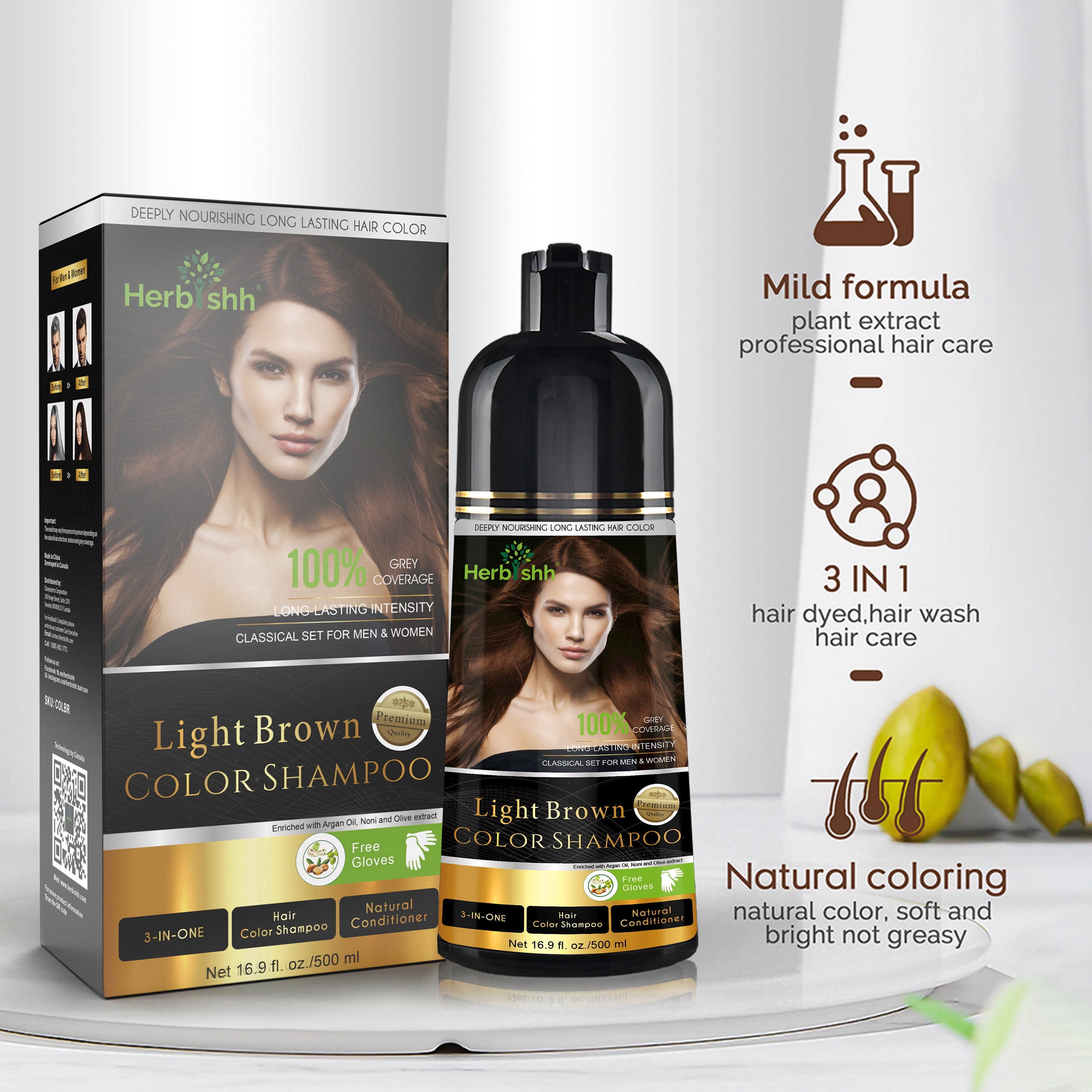 Herbishh Light Brown Hair Dye Shampoo 500ml, Long Lasting Color Shampoo for Grey Hair, 3-in-1 Natural Hair Dye, Ammonia-Free Formula, Hair Color for Women & Men,