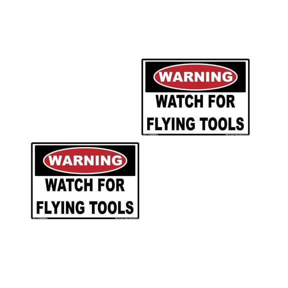 2pk Warning Watch for Flying Tools Black Red White Notice Rectangle Funny Hard Hat Comedy Laughing Label Sticker Decal Made in America 2.50" x 1.75"