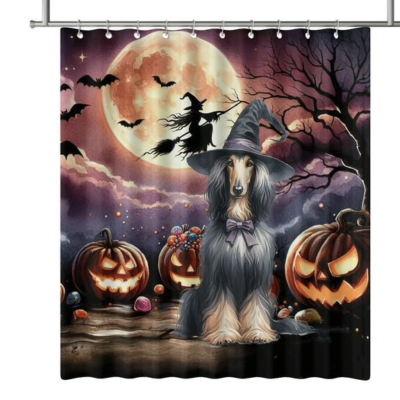 Spooky Halloween Night Witch Afghan Hound Glowing Pumpkins Shower Curtain Dog Lover Waterproof Bathroom Bathtub Curtain - 12015