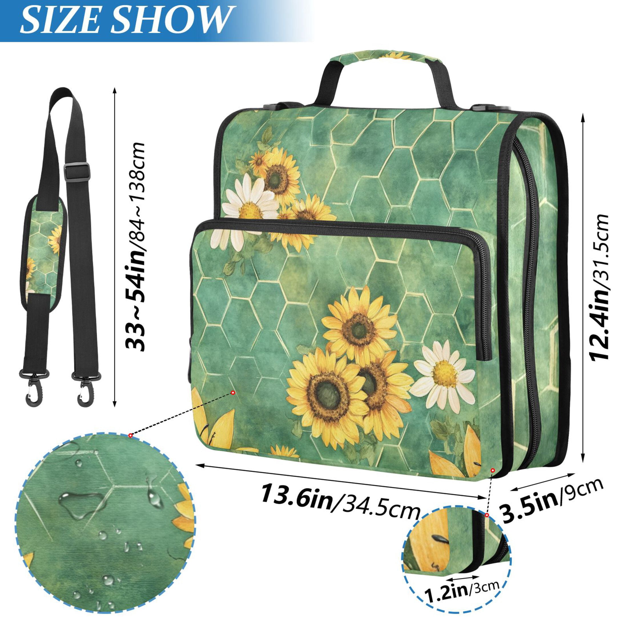 3 Ring Zipper Binder with Shoulder Strap Waterproof Trapper Keeper 2 Inch D-Ring 500 Sheets Capacity Bee Beehive Sunflower