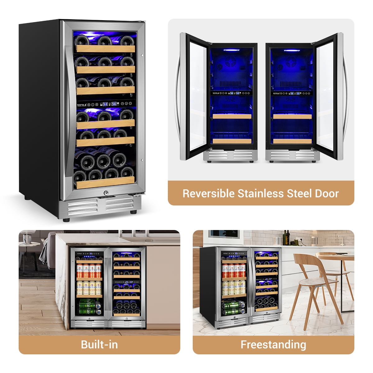 Tittla 15 Inch Dual Zone Wine Refrigerator and 15 Inch Beverage Refrigerator,Wine Cooler Holds 30 Bottles and 130 Cans for Kitchen Office