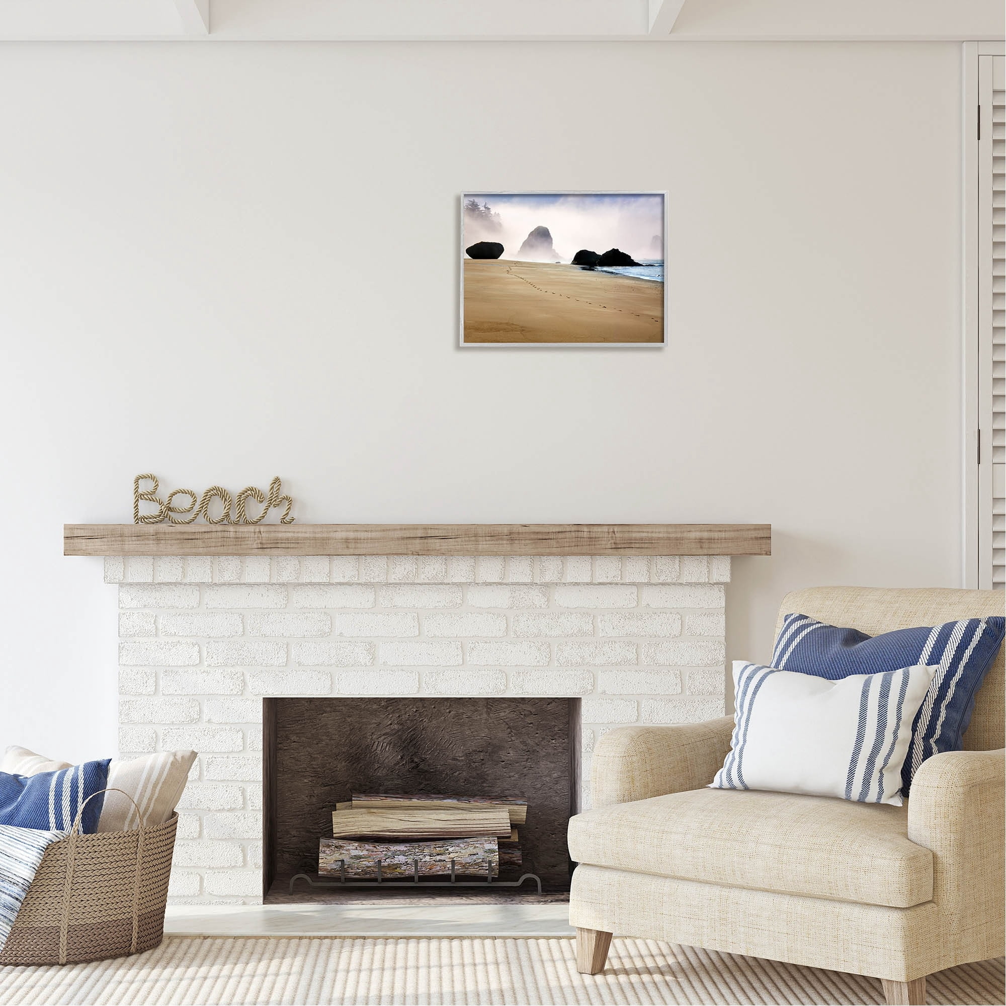 Stupell Industries Beach Sand Footprints Foggy Cliffs Coastal Photography Gray Framed Art Print Wall Art