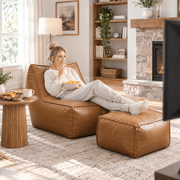 Sanae Adult Retro Faux Leather High‑Density Sponge Bean Bag Chair for Bedroom Living Room Reading Corner,Brown