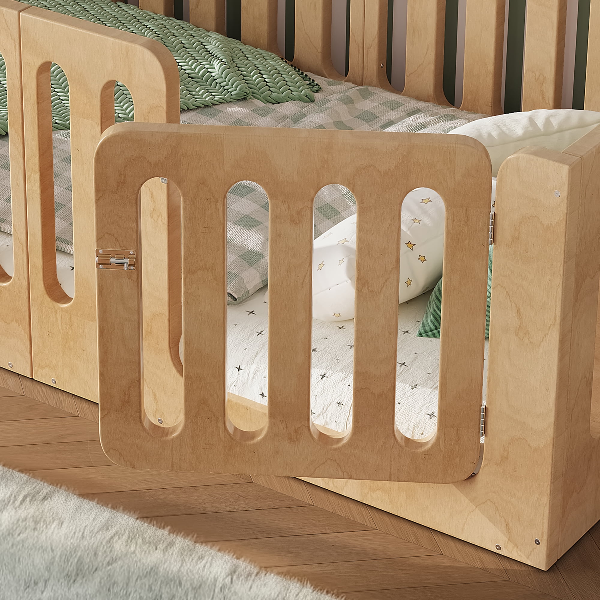 Twin Size Floor Bed with High Fence for Kids, Solid Wood Kids Montessori Bed with Door, low-profile and No Box Spring Needed Design, Natural