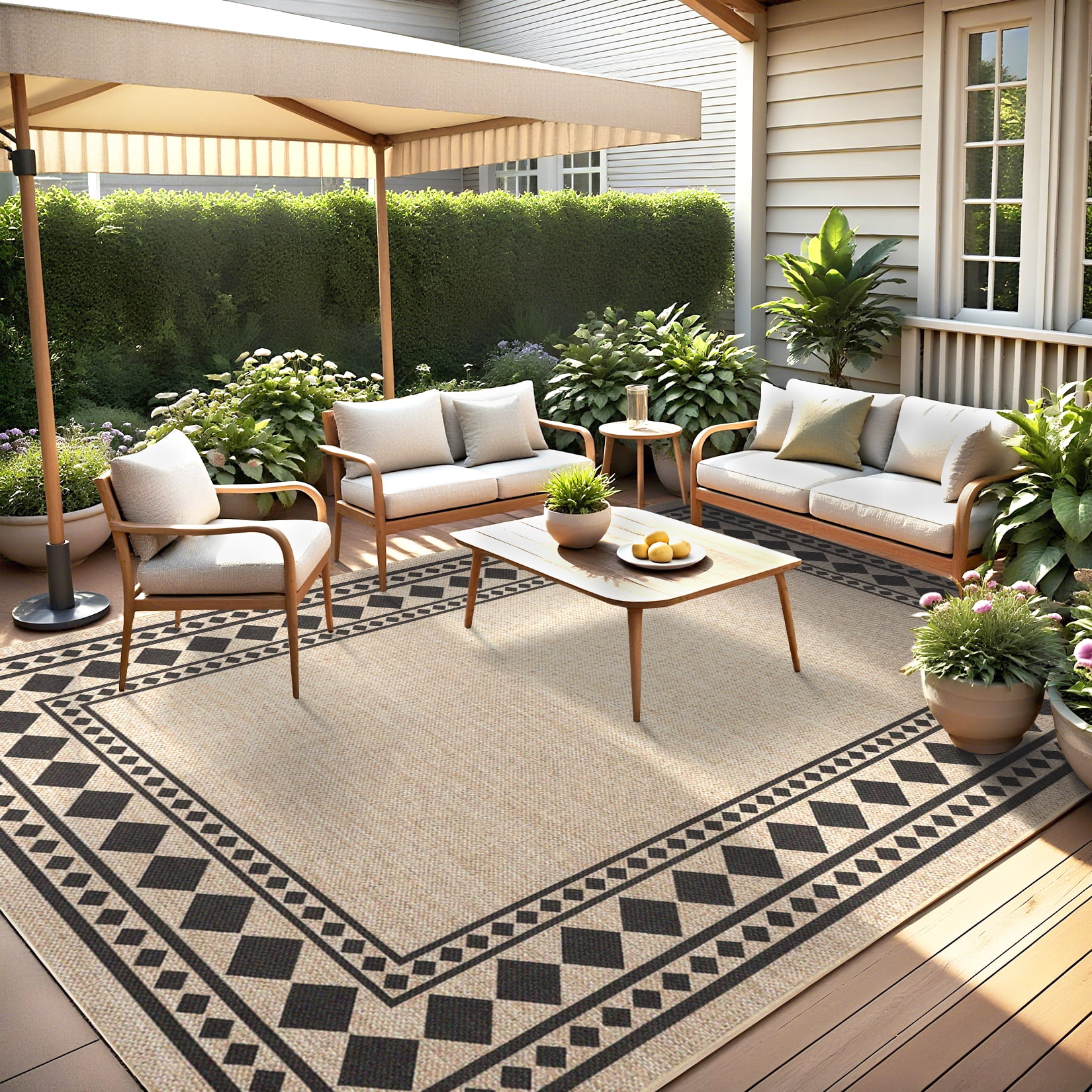 Garvee 9'x12' Modern Bordered Rug Solid Area Rug, Geometric Washable Rugs Stain Resistant Low Pile Rug Non Slip Indoor Outdoor Carpet for Living Room Bedroom Home Office, Jute