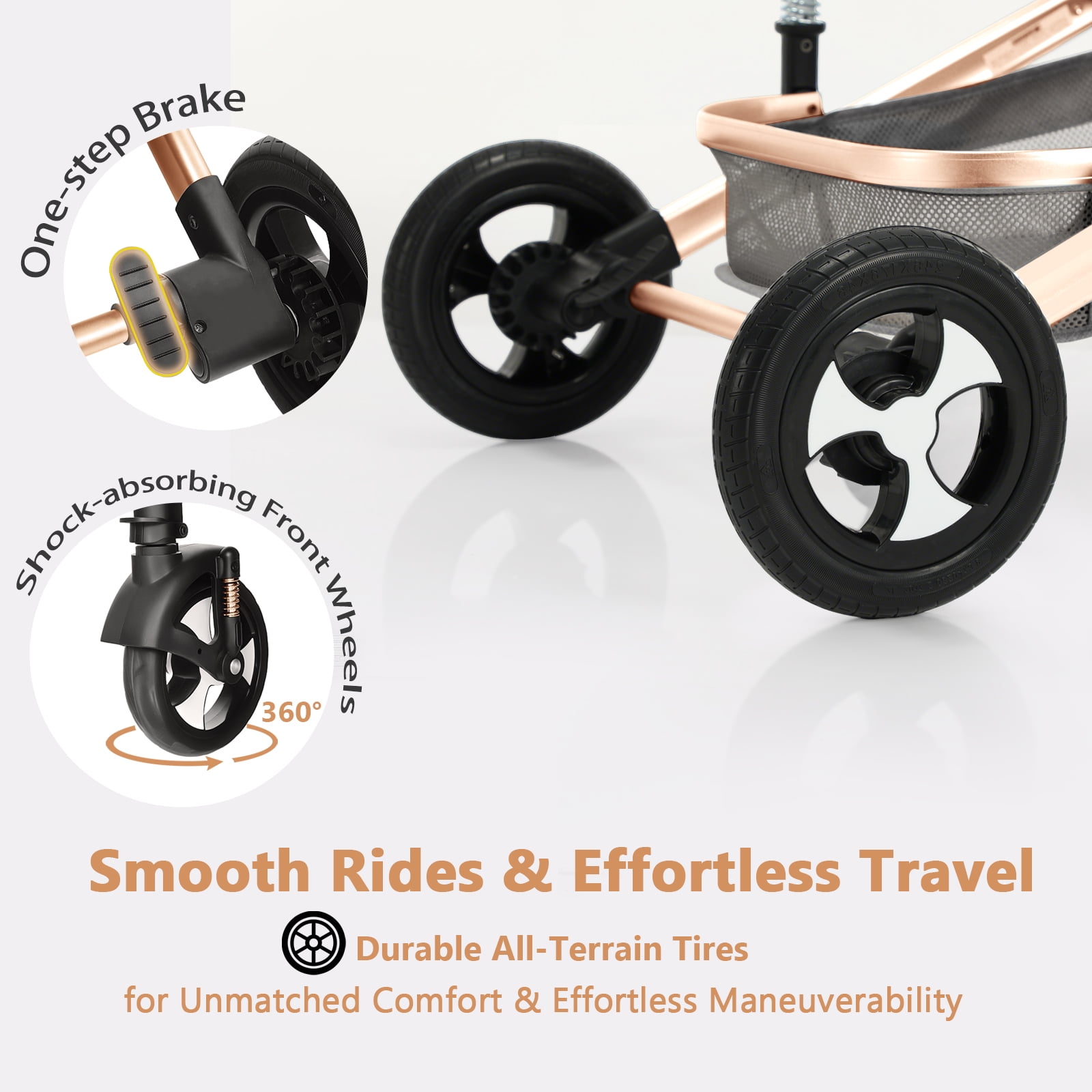 LINLUX 2 in 1 Baby Stroller w/ Diaper Bag & Big Wheel, Infant Pushchair, 23 Pounds, Rose Gold