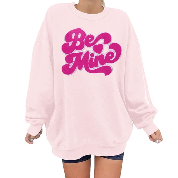 FASHOFT Valentines Sweatshirt for Women Oversized Cute Embroidered Crewneck Shirts Valentines Day Pullover Long Sleeve Tops Pink L