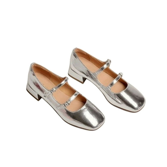 KIJBLAE Women's Mary Jane Shoes Patent Leather Round Toe Buckle Strap Low Block Heel Pumps Chunky Retro Party Dress Shoes Silver 38