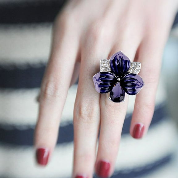 Soumake Women Ring 3D Flower Shape Rhinestone Decor Enamel Polished Copper Anniversary Gift Wedding Party Banquet Cocktail Jewelry