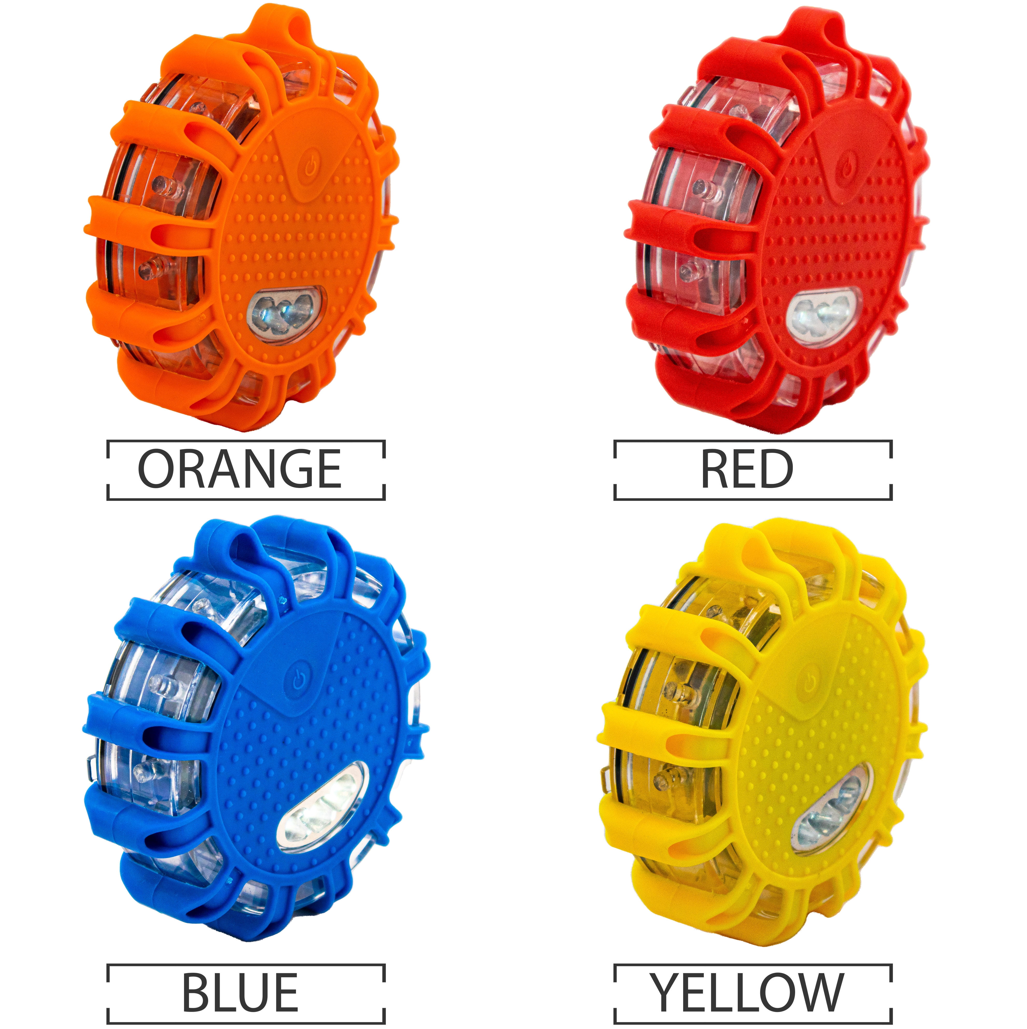 LED Roadside Emergency Flare Lights 4pc Mix - Portable Magnetic Safety Disc Beacon Flashing Kit for Cars Trucks Boats - 9 Flash Modes w/ Hook - Perfect for Roadside Warning
