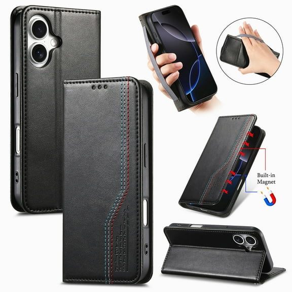 Dteck Flip Wallet Case for iPhone 16 Plus,Leather Magnetic Folio Cover with Card Holder Kickstand Shockproof TPU Full Body Protective Phone Case,Black