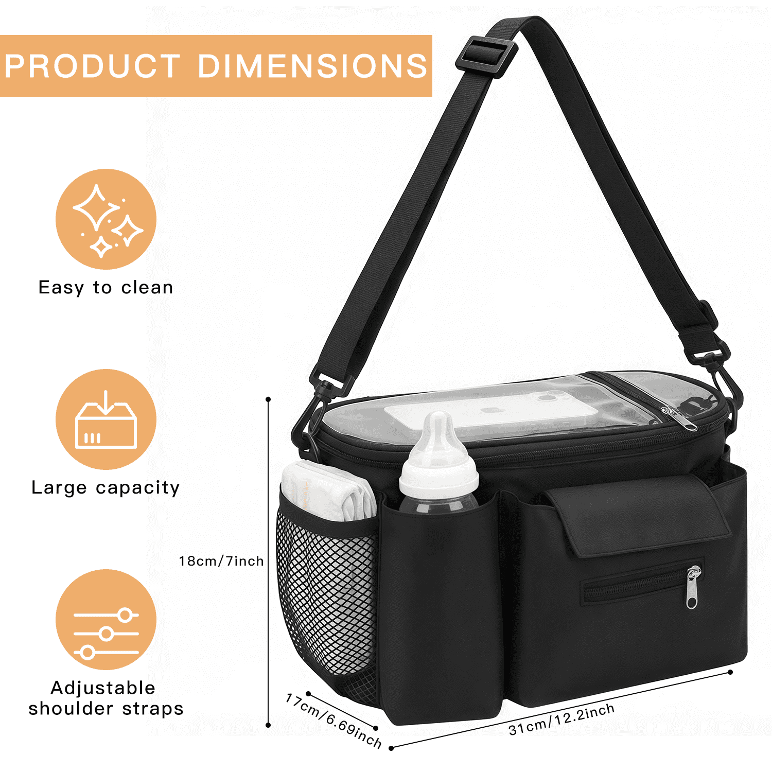Universal Stroller Organizer Caddy - Large Capacity Waterproof Hanging Bag with Cup Holders, Phone Pocket & Detachable Strap for Strollers & Cribs (Black)