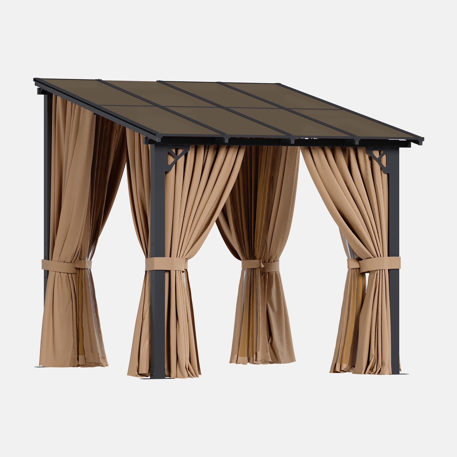 LazySunsets 8x10 FT Wall-Mounted Aluminum Gazebo Polycarbonate Roof with Full Mosquito Netting & Privacy Curtains
