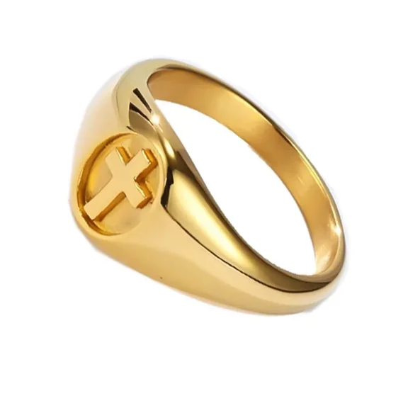 PAURO Men Stainless Steel Cross Ring Simple Unisex Christian Religious Cross Ring Gold Size 9
