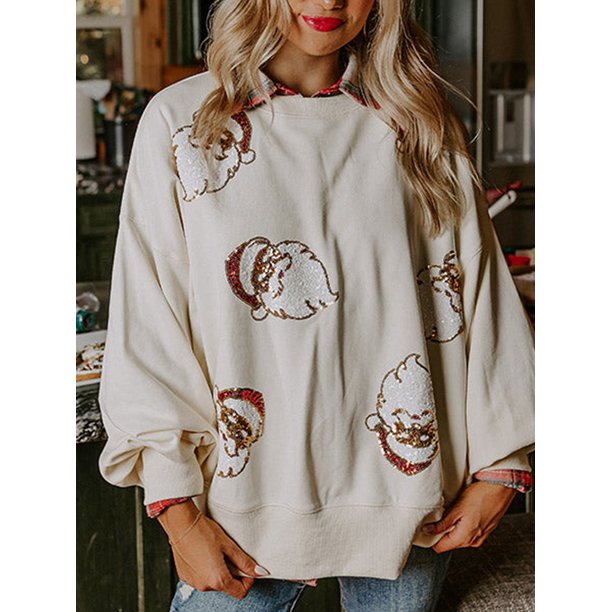 Sudadera navideña para mujer con lentejuelas y cuello redondo de Papá Noel, manga farol, estilo informal