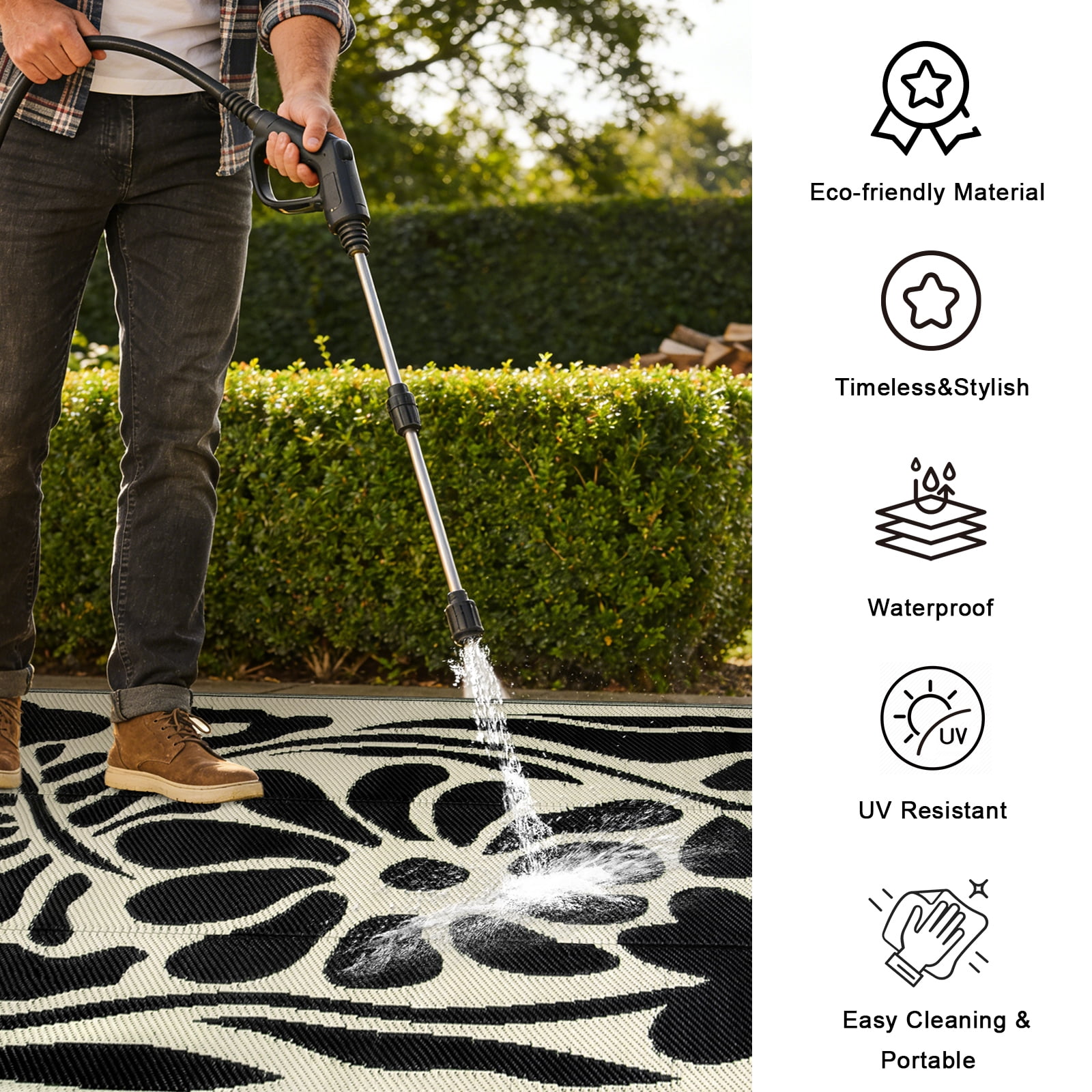Lahome Waterproof Outdoor Rug 4'x6', Reversible Plastic Straw RV Camping Mat - Portable Abstract Flower Patio Carpet for Deck, Backyard, Balcony, Garden (Black & White)