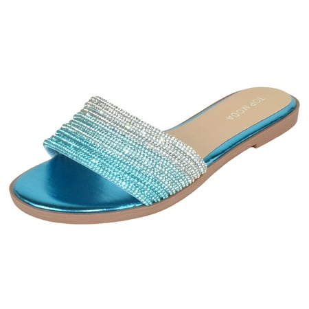 Top Moda Shoes Women Formal / Casual Flip Flops Sandals Bling Rhinestone Slides Multi Straps GRAND-56 Turquoise Blue Metallic 6