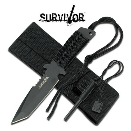 FIXED-BLADE SURVIVAL KNIFE | Survivor Black Full Tang Paracord Tanto Blade