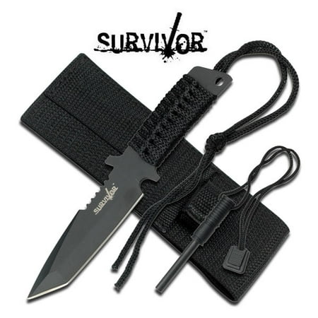 Full Tang Blade - FIXED-BLADE SURVIVAL KNIFE | Survivor Black Full Tang Paracord Tanto Blade Flint
