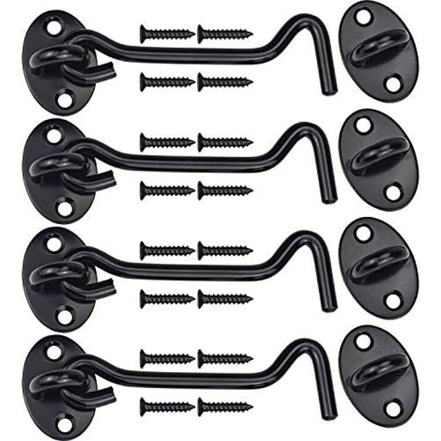 4 pestillos de gancho para cabina, pestillos de ojo y perno para cerraduras de puertas, pestillo de puerta de acero inoxidable con 16 tornillos (4 pulgadas, negro)