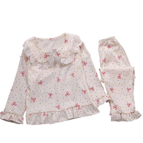 FYDUU Children's Pajama Sets Girls Long Sleeve Pajamas Cute Bow Print Tops Pants Loungewear Soft Sleepwear Two Piece Outfits 8-9 Years