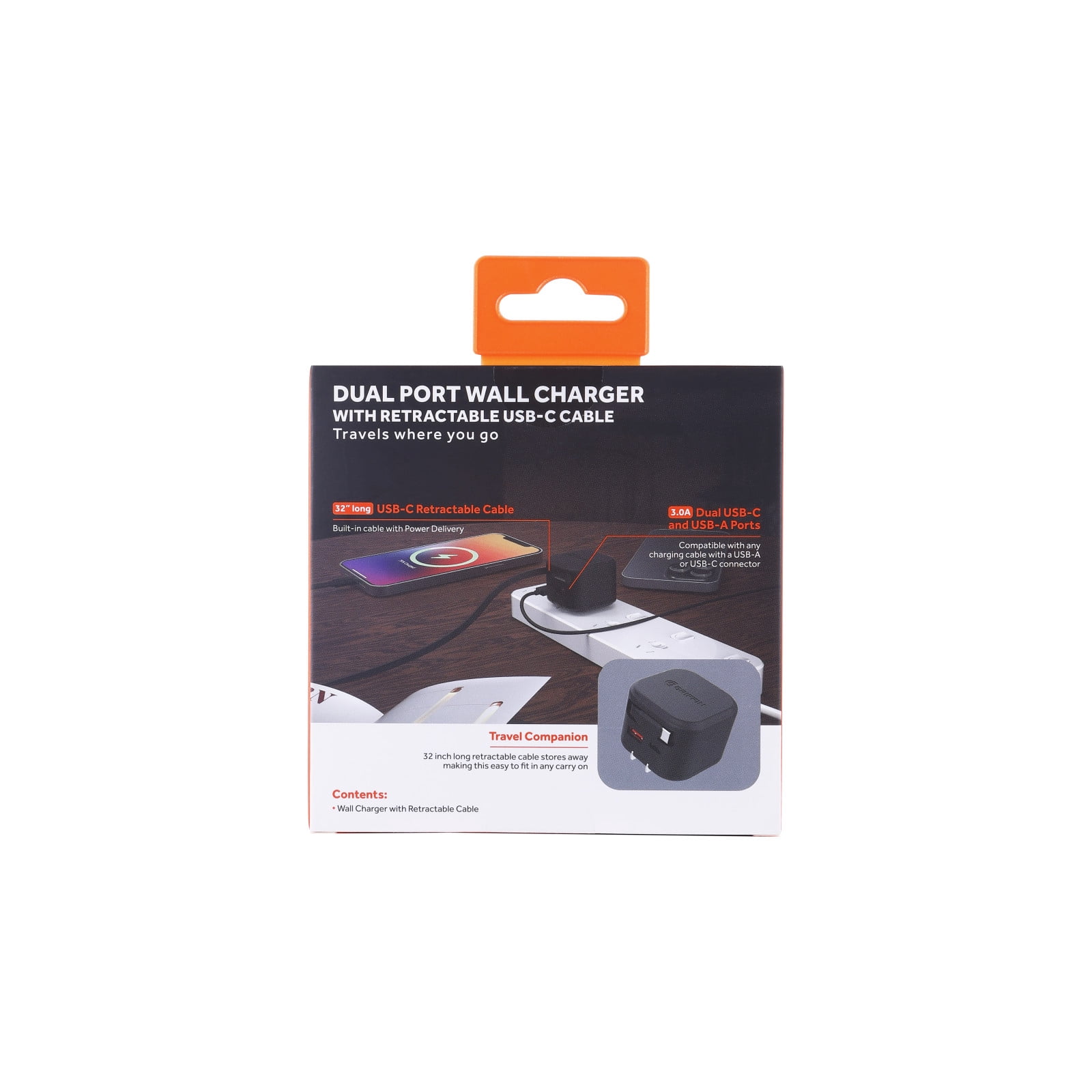 Griffin Dual Port Wall Charger with Retractable USB-C Cable, Power Delivery, Fast Charging (35W Max Output), Dual USB-A & USB-C Ports - Universal Compatibility for Phones and Devices