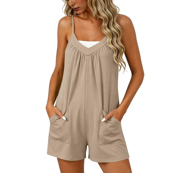 BODOAO Women's Casual Summer Romper V Neck Sleeveless Spaghetti Strap Loose Short Jumpsuit with Pockets, Easy Beach Vacation Travel Outfit for Daily, Resort and Brunch Wear Beige L