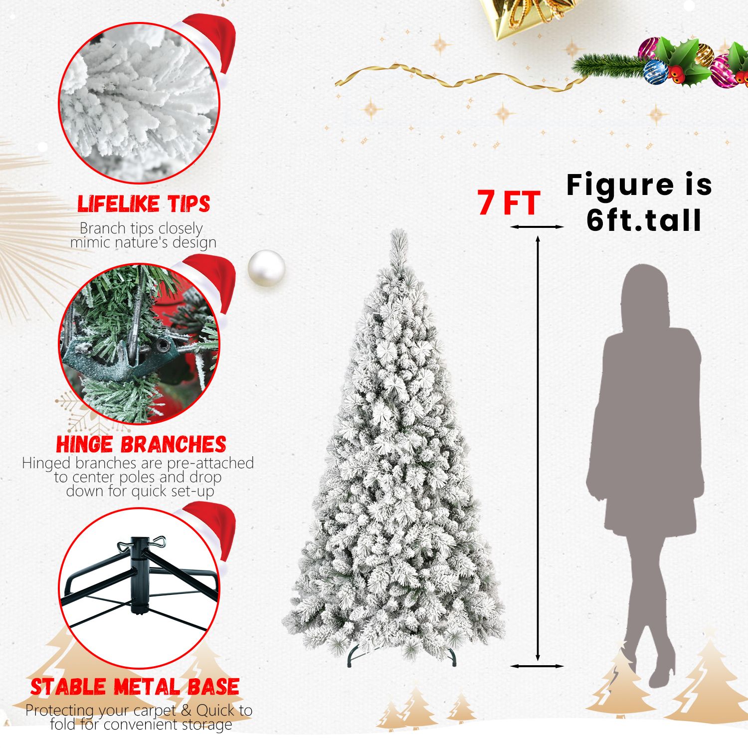 Alvantor 7FT Flocked Christmas Tree Full-Body Holiday Tree with 450 LED Lights & 1060 Tips for Indoor Holiday Decoration White