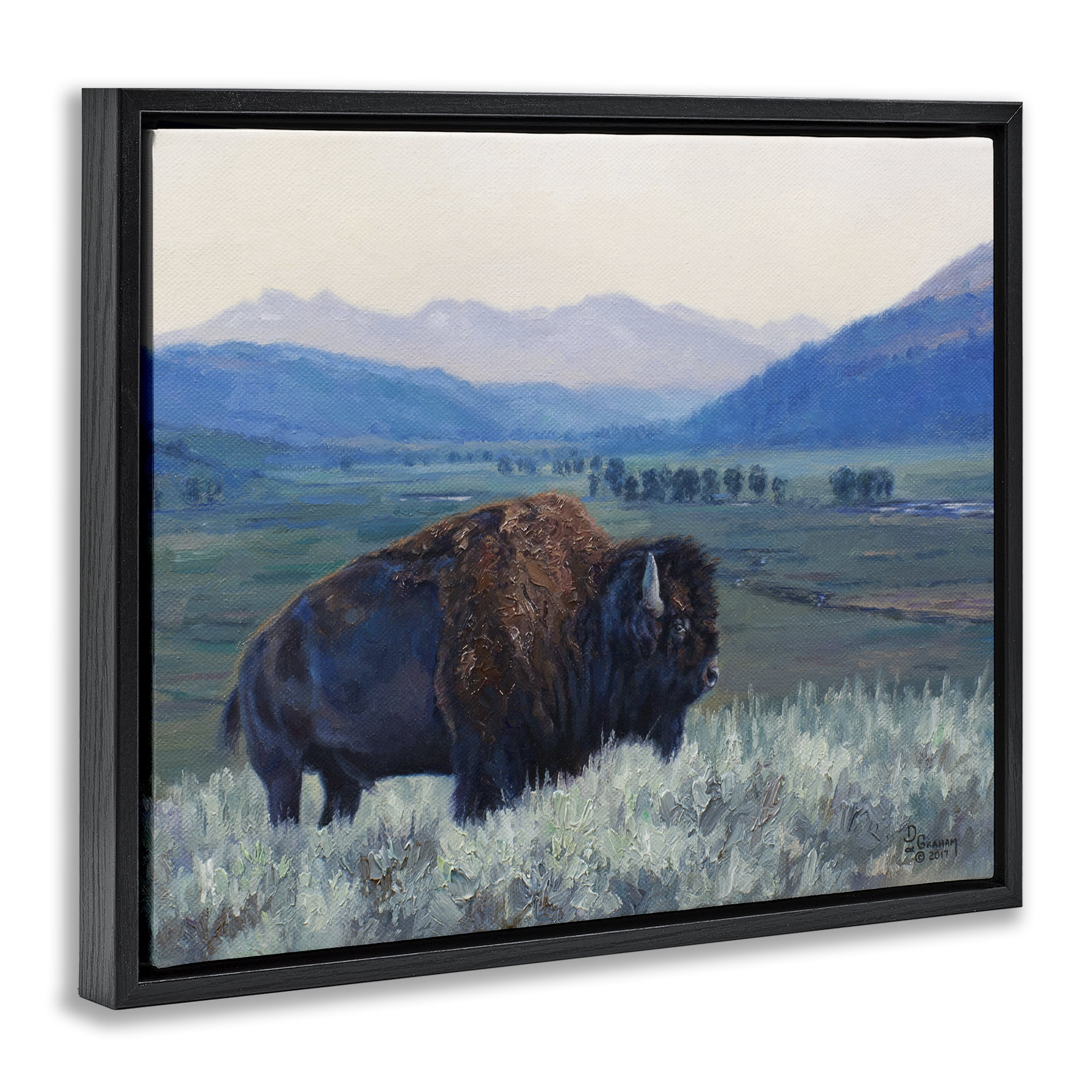 Stupell Industries Bison & Country Mountains Animals & Insects Painting Black Floater Framed Canvas Art Print Wall Art, 31 x 25