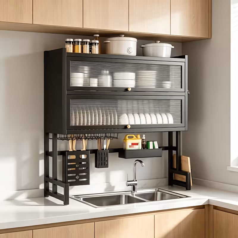 33" Double-Tier Kitchen Sink Shelving Unit with Doors, Dust-Proof Drainage Rack, Multifunctional Storage Cabinet for Dishes, Black