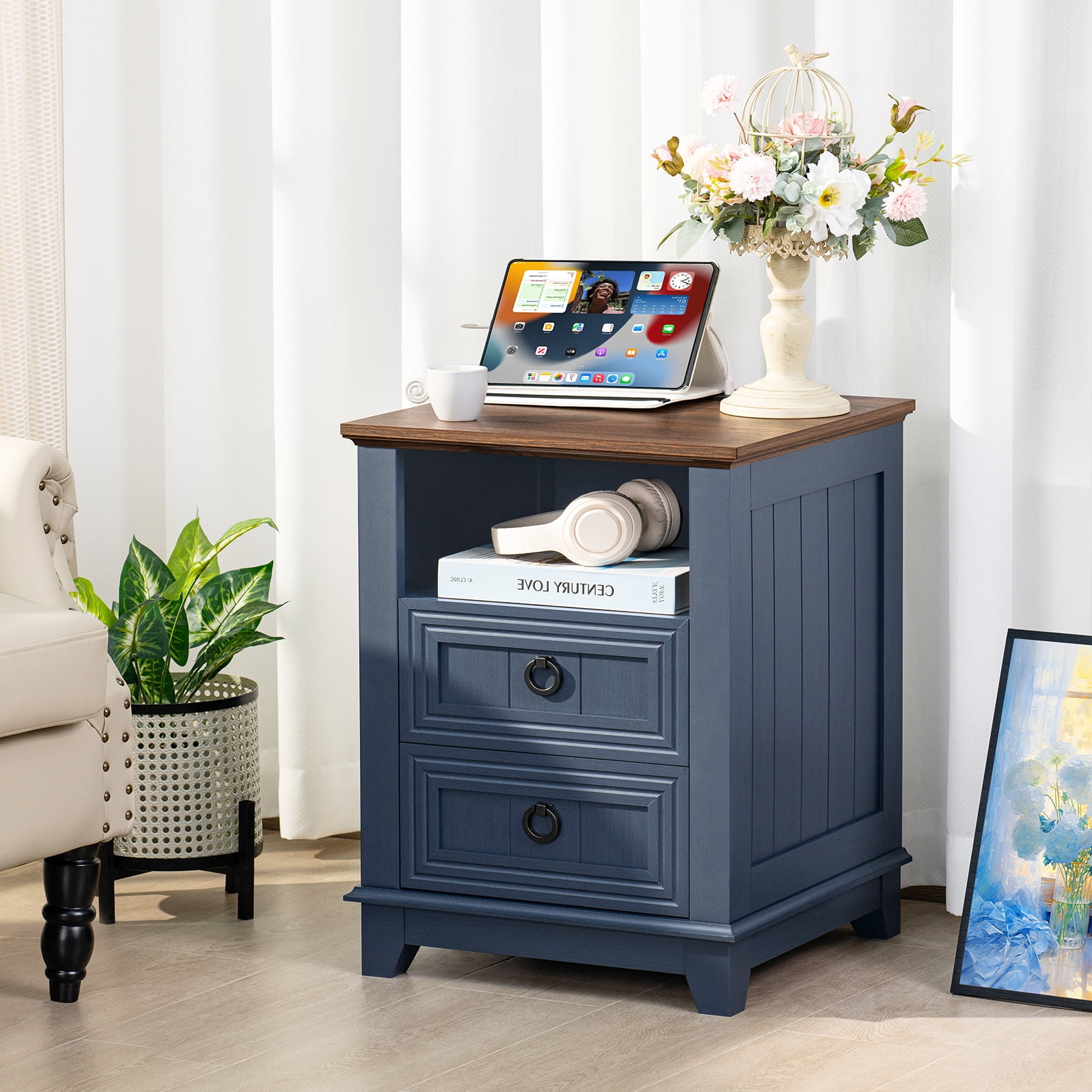 2 Pcs Joaxswe 2 Drawers Farmhouse Nightstand with Charging Station, Bedside Table with Drawers for Bedroom, Adult End Table with Open Shelf, Navy