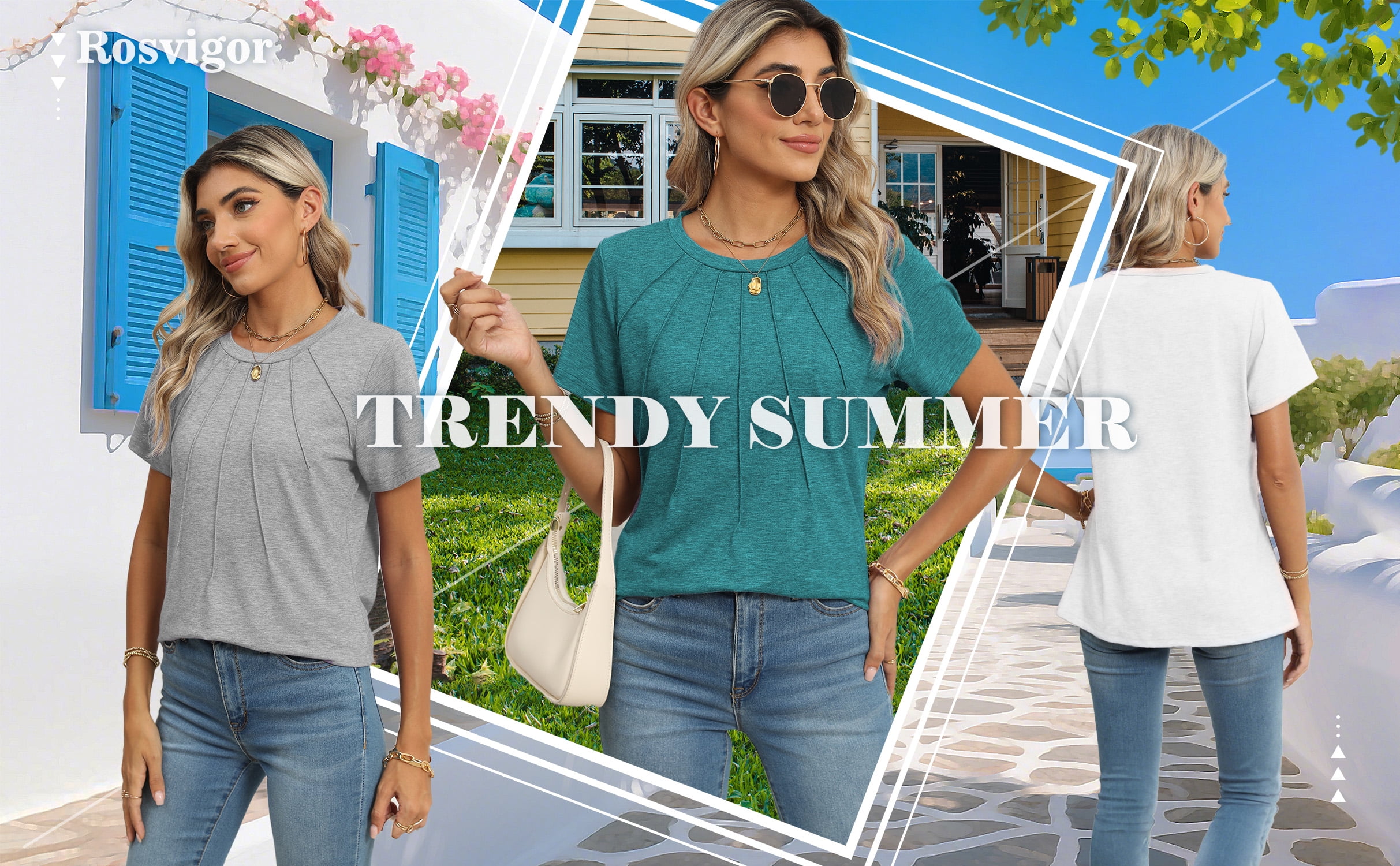 Rosvigor Blouses for Women Short Sleeve Shirts Casual Dressy Summer Tops with Pleats