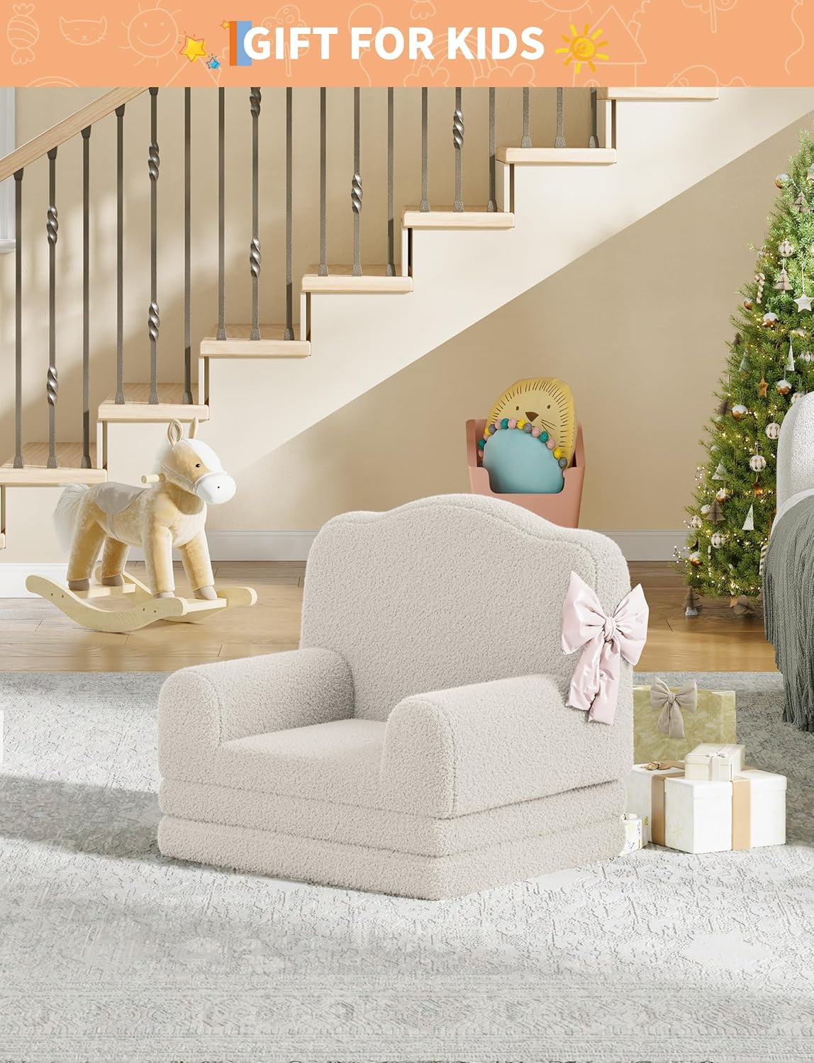 Kids Couch, 2-in-1 Convertible Teddy Fleece Fabric Toddler Sofa Chair, Soft Fold Out Couch Lounger for Kids, Comfy Children's Sofa Bed for Playroom, Nursery, Birthday Gift (White Crown)