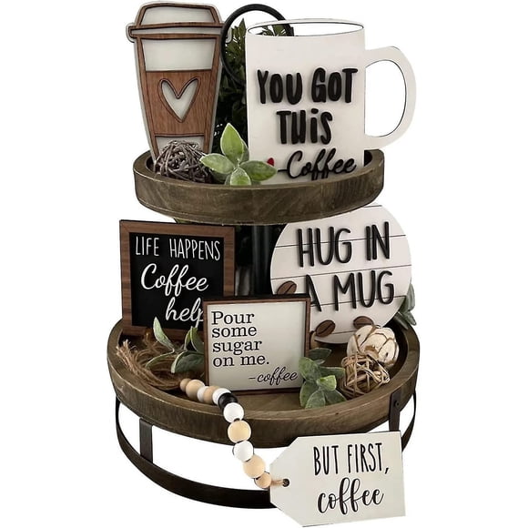 Rustic Summer Tiered Tray Decor Farmhouse Decorative Trays Signs Wood Tiered Tray Decor Coffee Cups Table Sign Decor