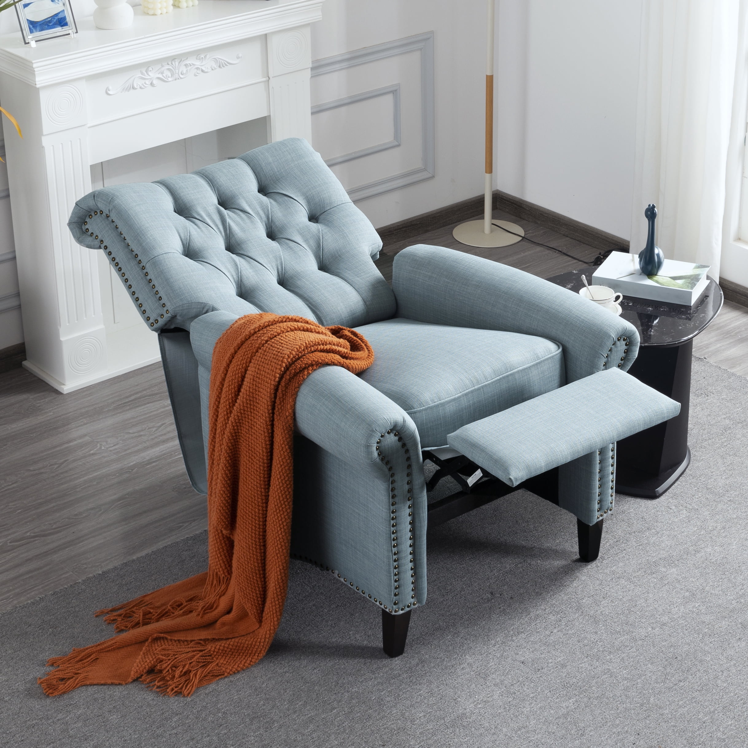 Gewnee 29.92" Manual Push Back Recliner,Modern Reclining Linen Chair With Nail-Head Trim,Tufted Back,Rolled Armrests,Single Chair for Living Room,Office,Bedroom.Blue