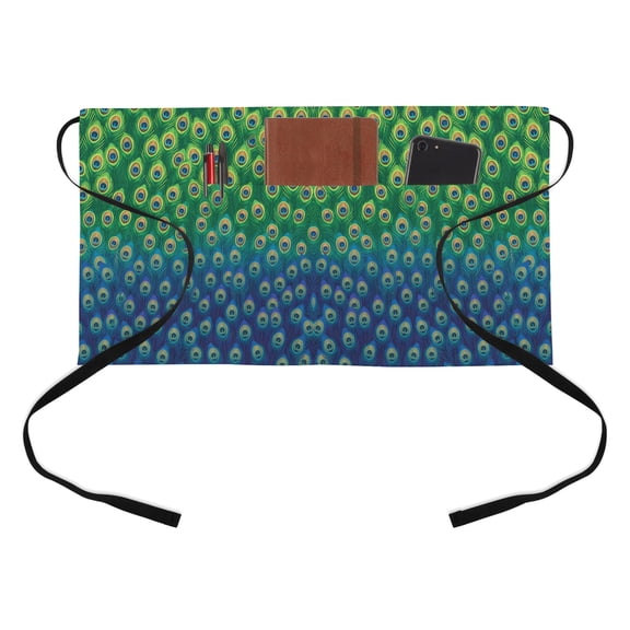 Peacock Feather Kitchen Restaurant Half Waist Apron, Retro Jade Green Blue Peacock Feather Server Short Apron with 3 Pockets Waterproof Oil Waist Aprons for Women Waitress Waiter