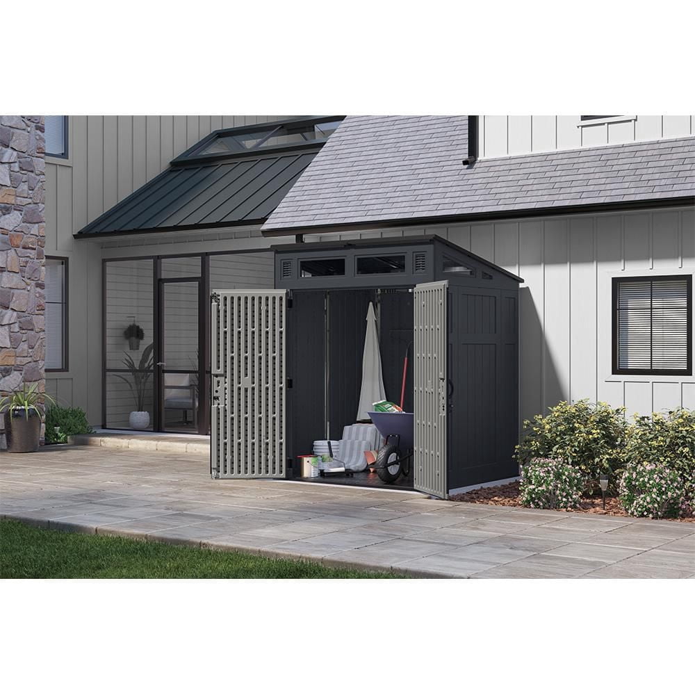 Suncast 6 x 5 ft Modernist Resin Storage Shed – Steel-Reinforced Outdoor Structure with 200 Cu. ft. Capacity - Cyberspace/Dove Gray