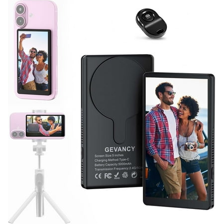Selfie Monitor Screen with Touchscreen (5"), 5000mAh Magnetic Phone Vlog Selfie Monitor Screen, Back Camera Monitor Supports 4K 60fps for Vlog Live Stream TikTok, Compatible with iPhone & Android