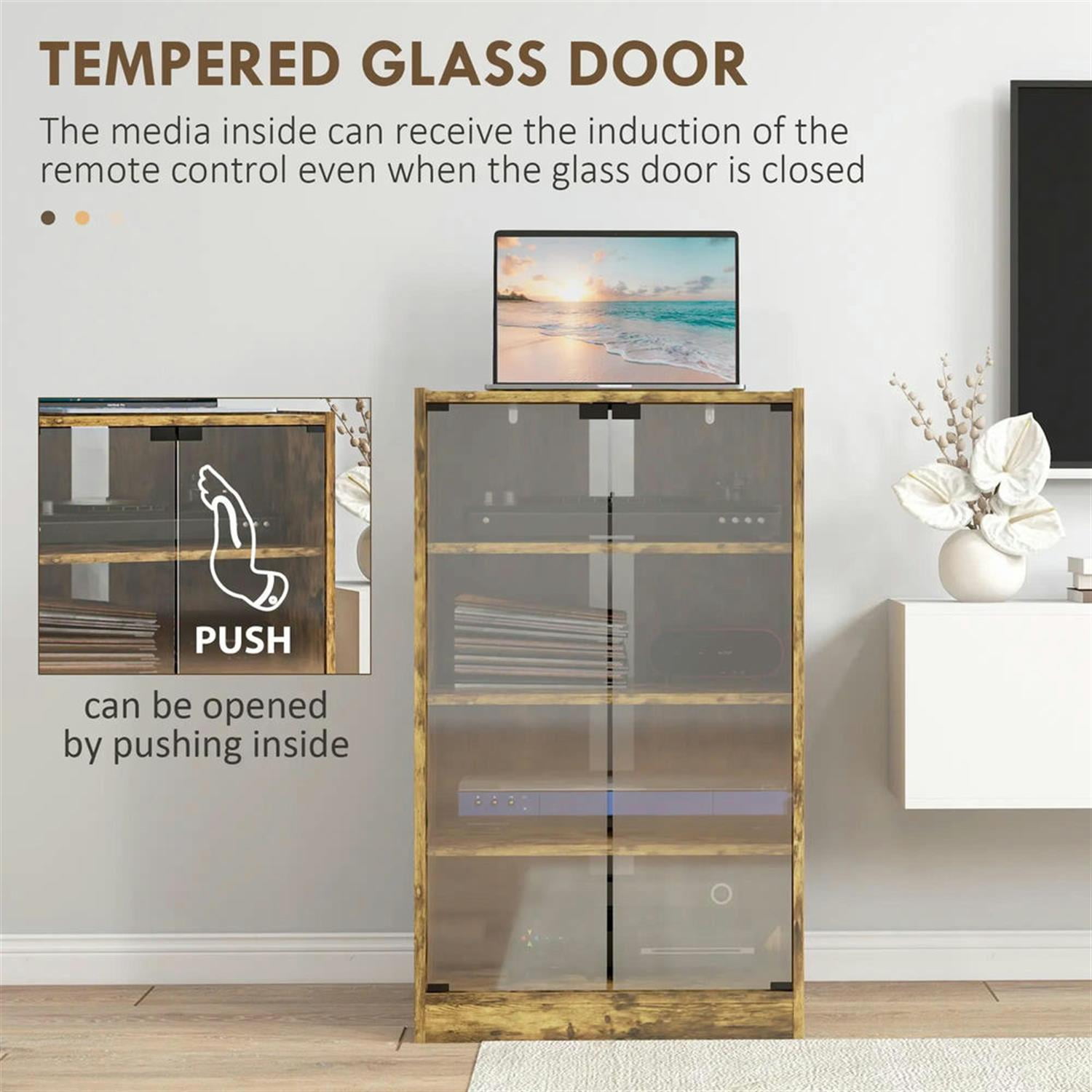 Demi Bonn 5-Tier Media Stand, DVD Storage Cabinet with Adjustable Shelves, Tempered Glass Doors, and Cable Management, Brown