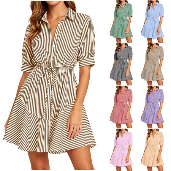 Zpzdpjkx Women's Striped Print Shirt Dresses Classic Collared Neck Short Sleeve Button-Down Drawstring Waist Casual Mini Dress